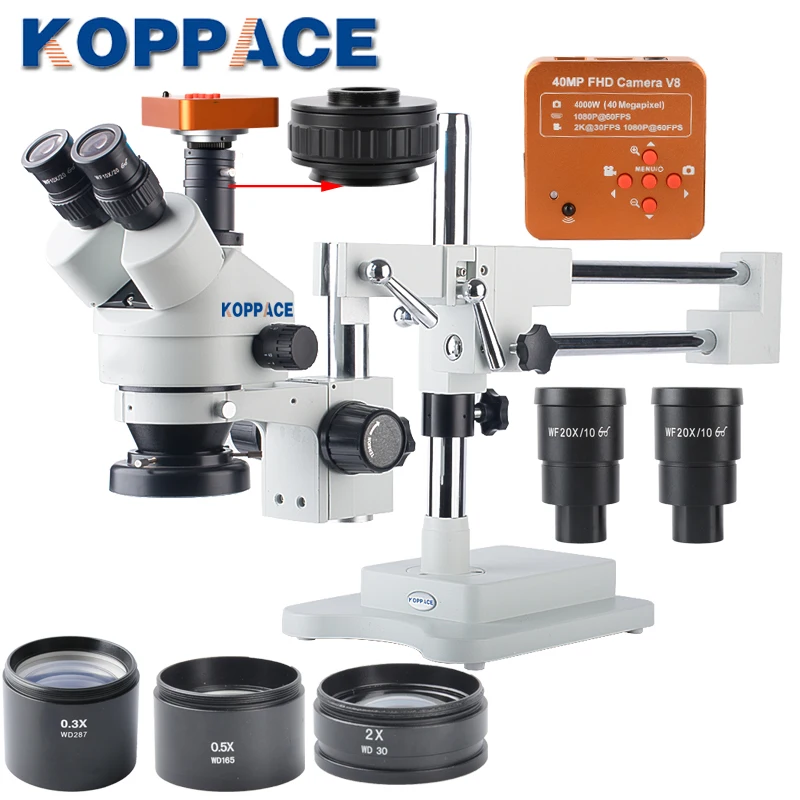 KOPPACE 2.1X 180X Тринокулярный Стерео Зум микроскоп с WF10X/20 WF20X/10 широкополыми окулярами