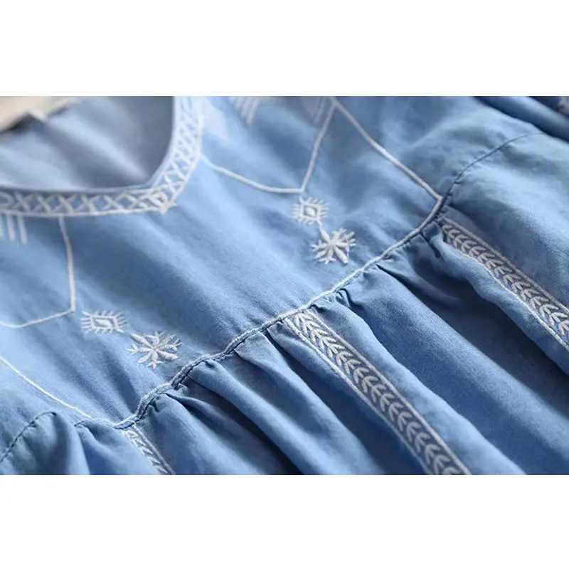 Новинка 2017 года цветочной вышивкой платье из джинсовой ткани Для женщин Мода V