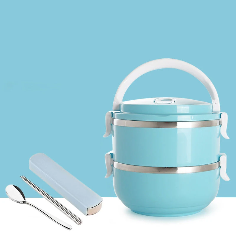 Blue 2 Layer Металлический Ланч-бокс из нержавеющей стали для детей, студентов, Теплоизоляционный контейнер для суши, Портативный японский Бенто-бокс, столовый набор - Цвет: Blue 2 Layer