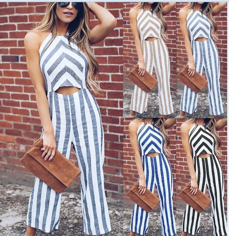 

U-SWEAR 2020 Women's Sleeveless Harness Stripe Workwear Casual Loose Pants Collant Fashion Combinaison Cropped Pants