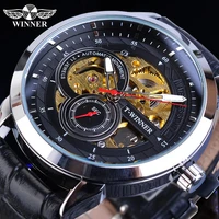 winner men automatic watches golden transparent skeleton mechanical movement black leather wristwatches male clock relogios gift