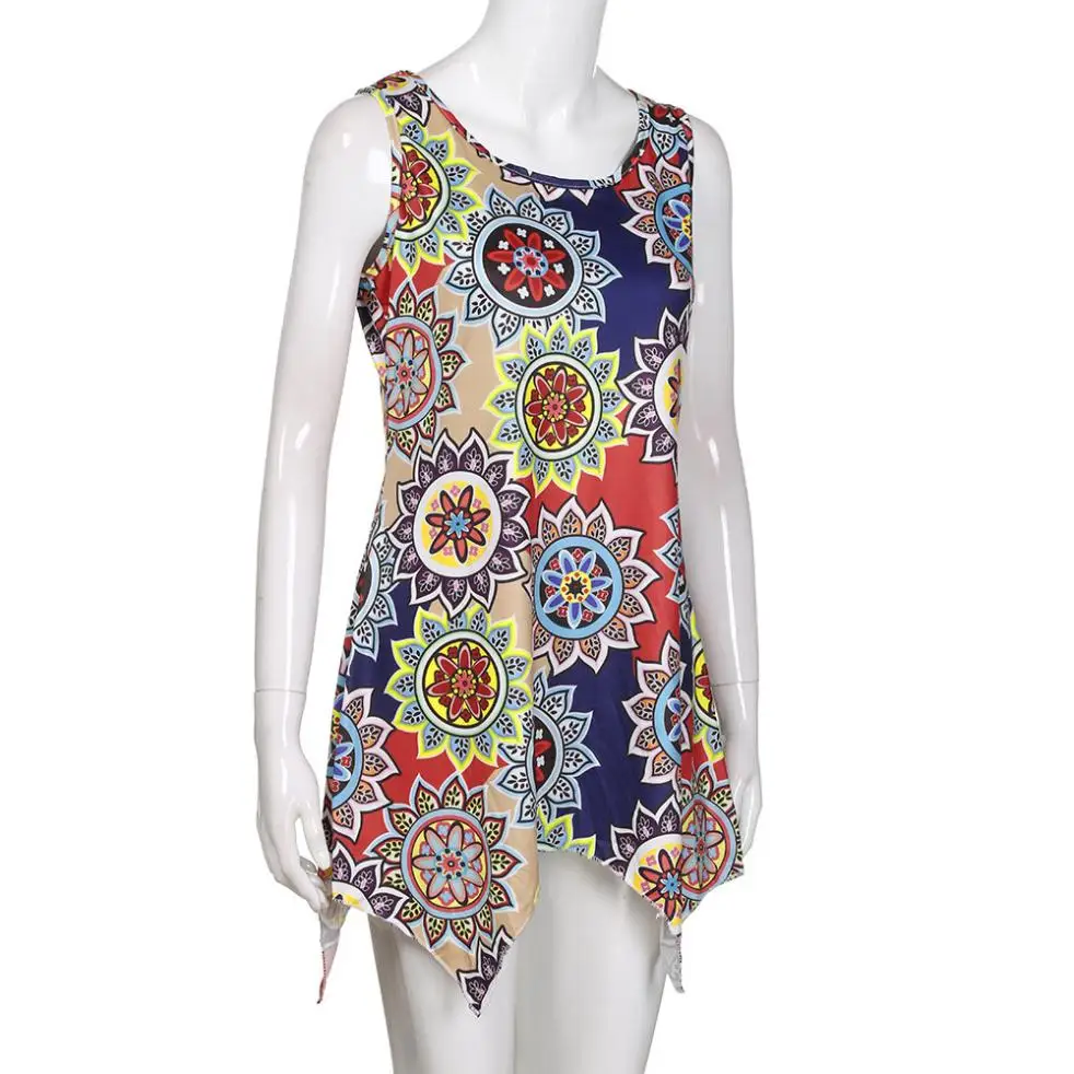 

Women Sexy Blouse Casual Irregular O-Neck Printed Sleeveless Asymmetrical Loose Tunic Tank Tops Summer