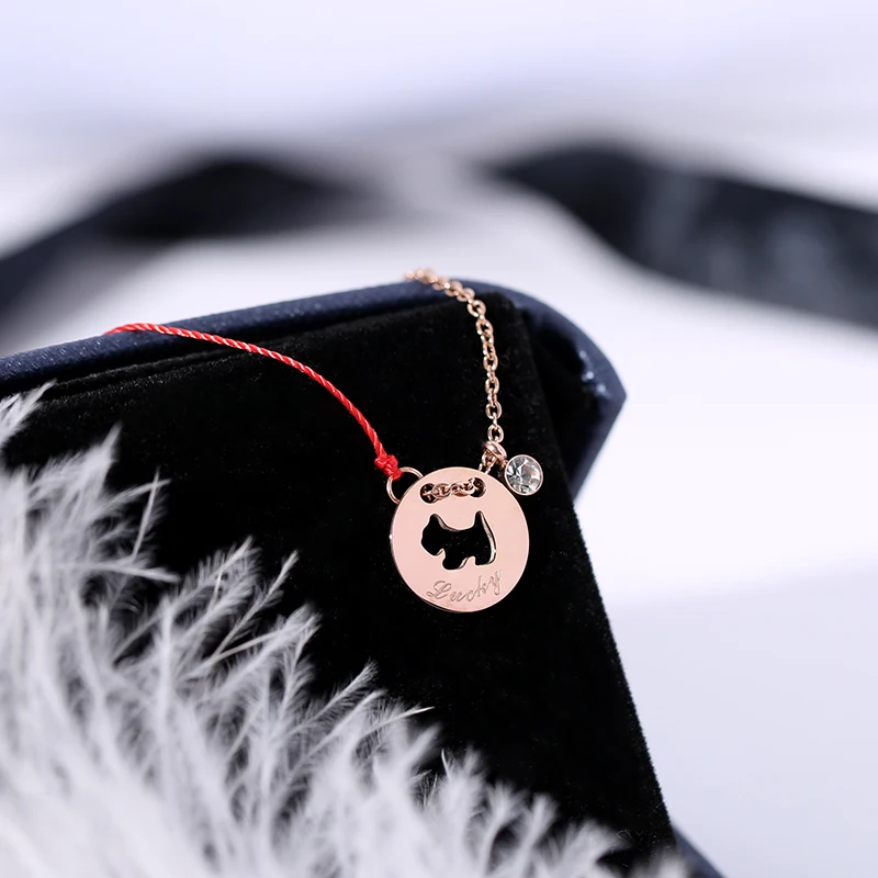 

YUN RUO Lucky Cute Dog Red Line Bracelet Fashion Elegant Woman Girl Gift Rose Gold Color Titanium Steel Jewelry Never Fade 2020