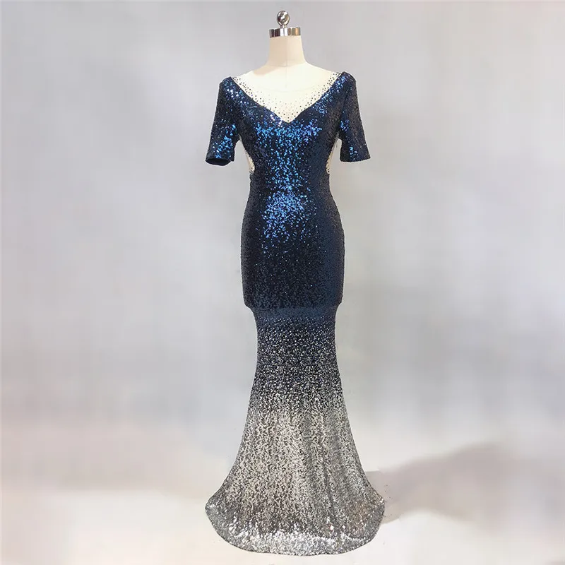 Роскошное голубое градиентное вечернее платье с v образным вырезом и короткими