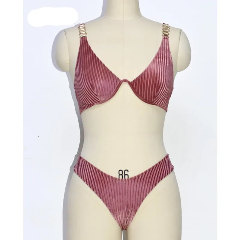 

2019 velvet swimsuit chain trim underwired bikini top sexy push up women swimwear velvet female bikinis femme biquini beachwear