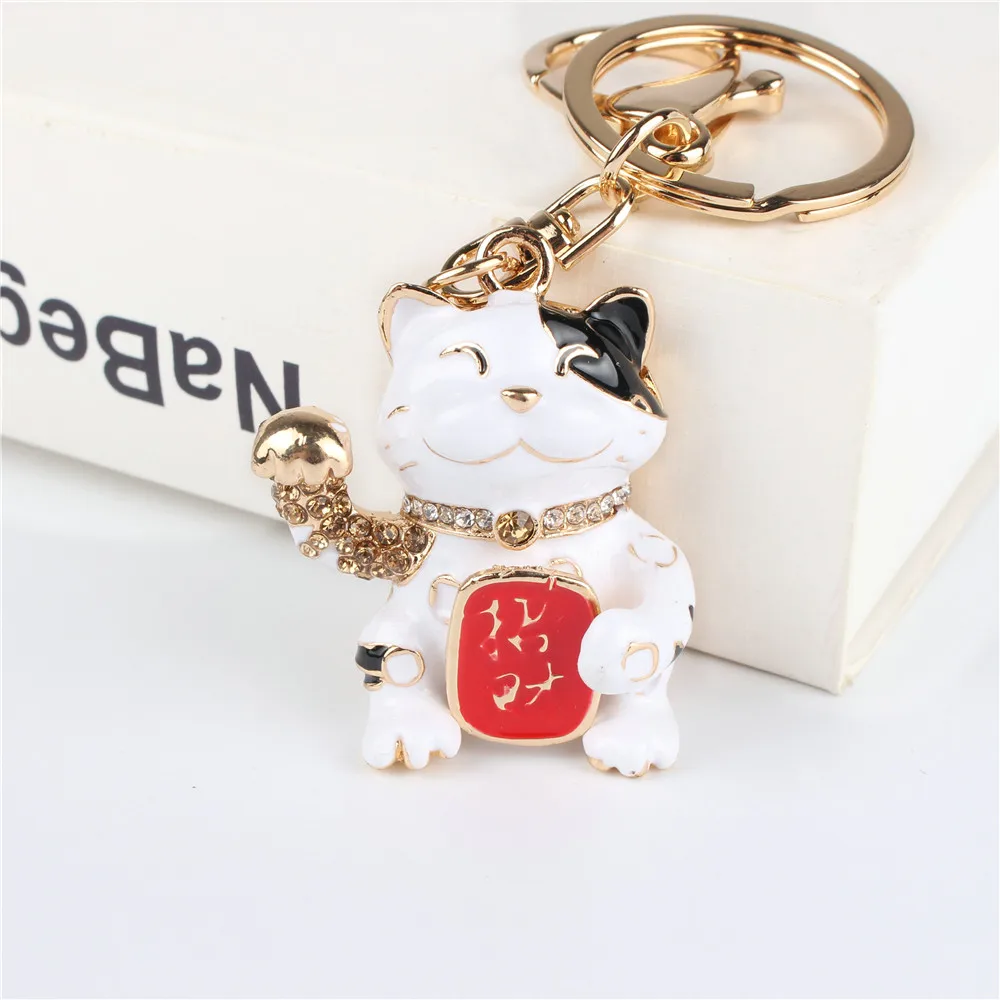

White Furtune Money Cat Pendant Charm Rhinestone Crystal Purse Bag Keyring Key Chain Accessories Wedding Holder Keyfob Gift
