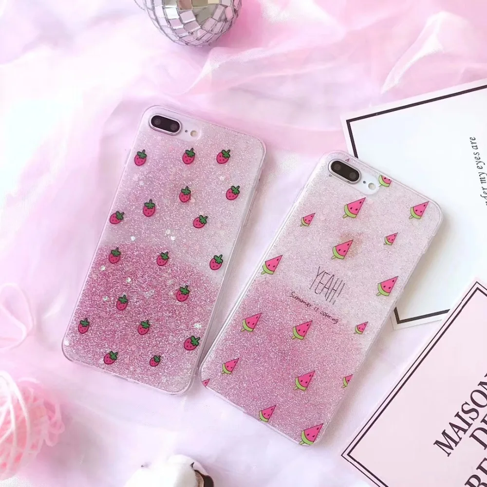 Мода Bling Блеск порошок Телефон чехол для iphone X 6 6s 7 8 плюс милые арбуз клубника