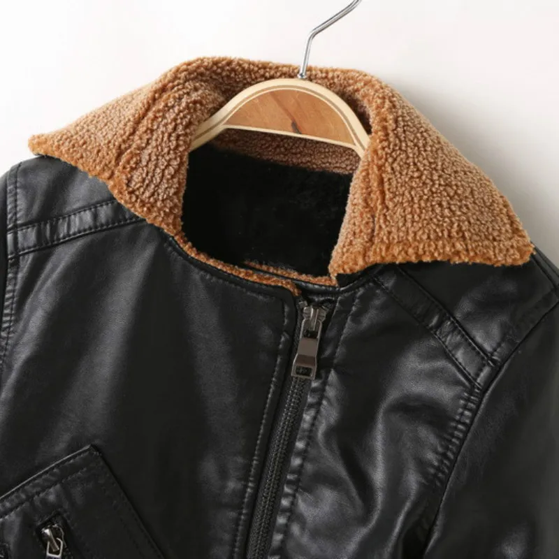 Boys Winter Leather Jacket Kids Furry Coat Thickened PU Leisure Jackets Boy Fashion Faux fur coats Turn-collar boys jacket | Детская