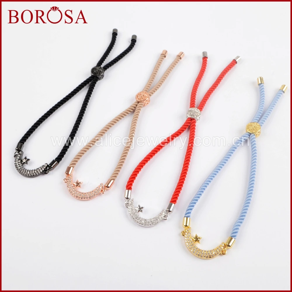 Borosa Micro Pave CZ Белый циркон звезды и луна Spacer разъем хлопчатобумажной веревки