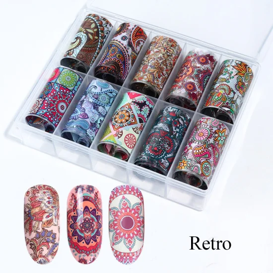 Retro 10 цветов, фольга для дизайна ногтей, наклейки для маникюра, голографическое звездное небо, мраморный блестящий дизайн, клейкая наклейка для украшения ногтей TR1027 - Цвет: Retro