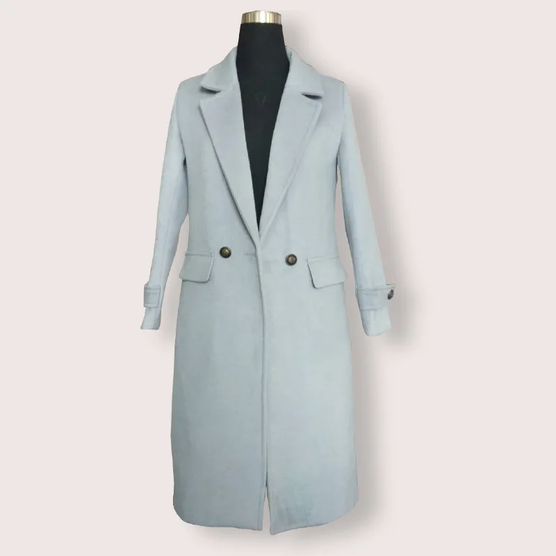 Офисное женское тонкое длинное зимнее пальто из смесовой шерсти с отложным