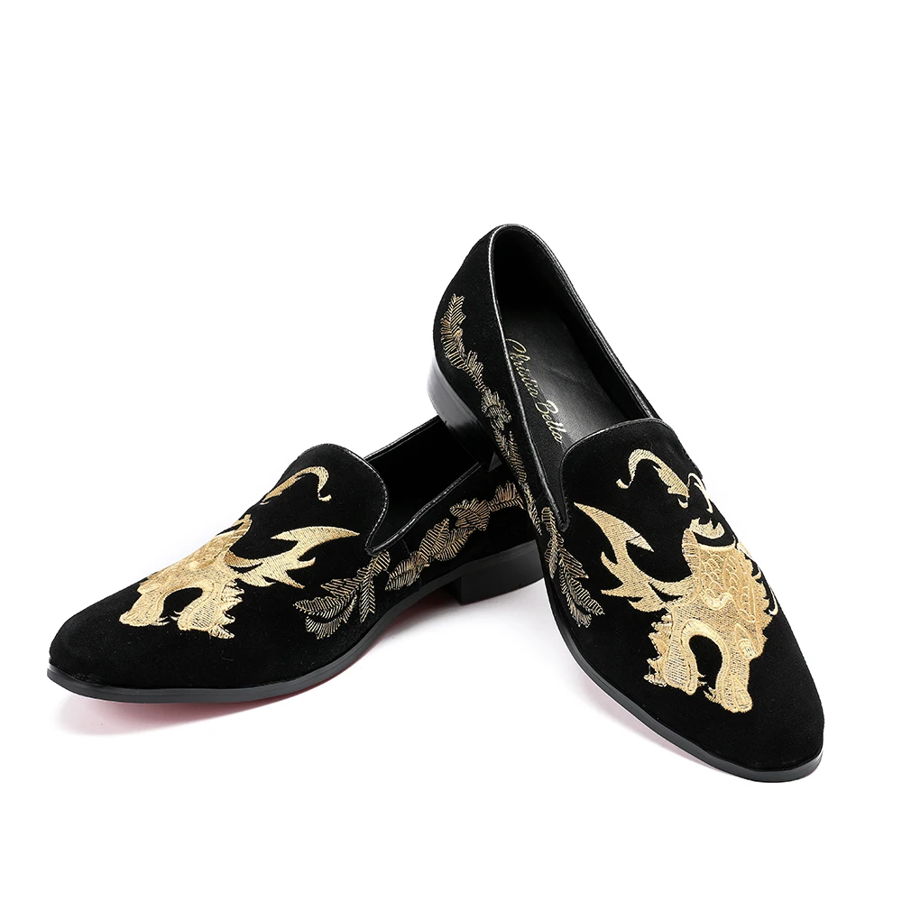 Christia Bella Vintage Gold Embroidery Men Loafers Fashion Party Prom Dress Shoes Slip on Flats Plus Size Smoking Slippers | Обувь