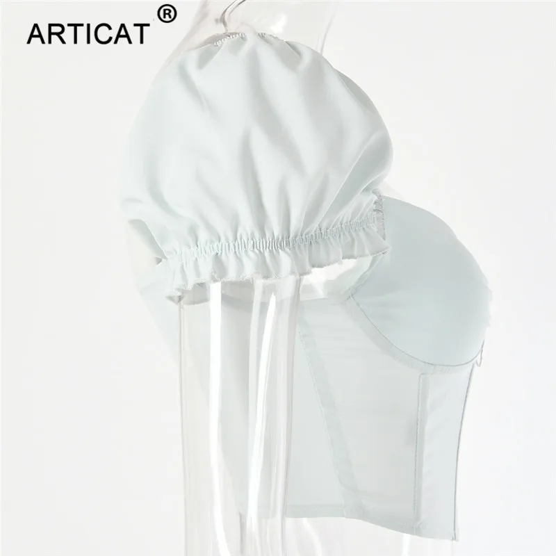 Articat, с оборками, v-образный вырез, сексуальный корсет, укороченный топ, женский, белый, с открытой спиной, на молнии, короткий, летний, топ, однотонный, на каждый день, женские топы