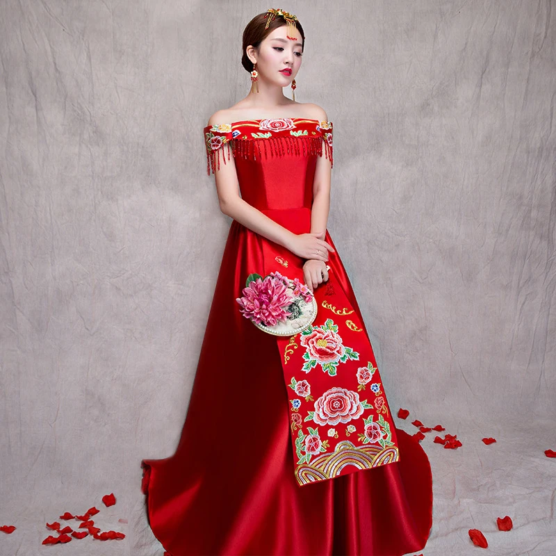 Красное свадебное платье традиционное китайское Qipao Национальный костюм для