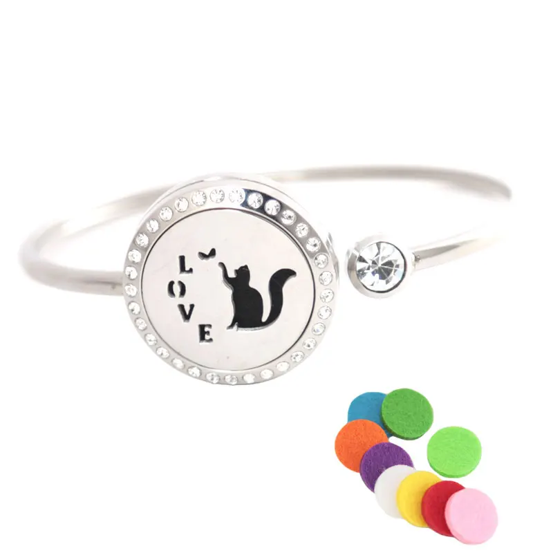

Cat Playing Bracelet Bangle Aromatherapy 25mm Magnet Crystal Stainless steel essential oil diffuser locket bracelet