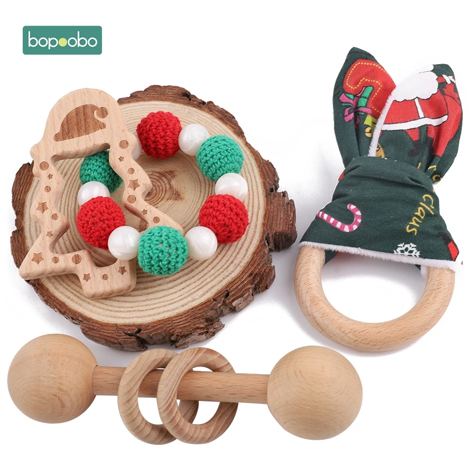 Bopoobo 1set Baby Teething Beech Wooden Teether Christmas Gifts For Baby Music Toys Food Grade Teether Wooden Teether