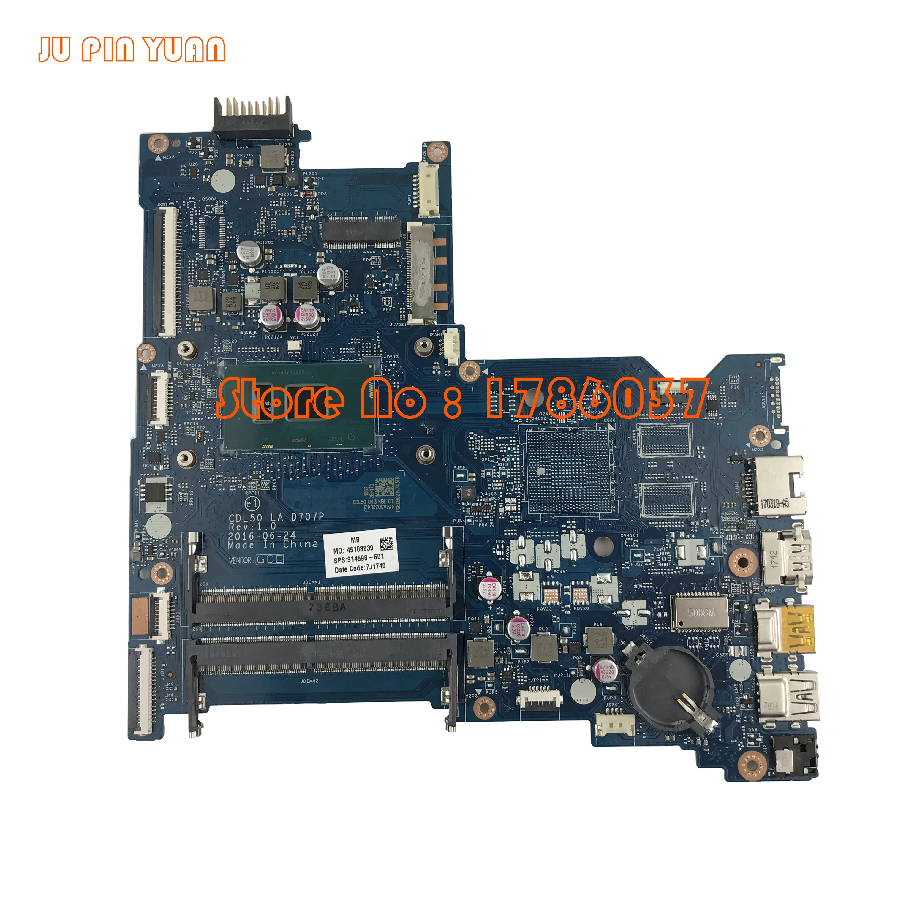 JU PIN YUAN 914598-601 914598-501 914598-001 LA-D707P для ноутбука hp 15-AY 15-AC серийная материнская плата для ноутбука с процессором i7-7500U