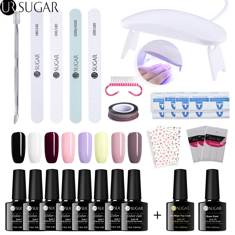 UR SUGAR Full Manicure Nail Set 6W UV LED Lamp with 7.5ml Semi Permanant Color UV Gel Polish Top Base Coat Nail Art Tools Kit