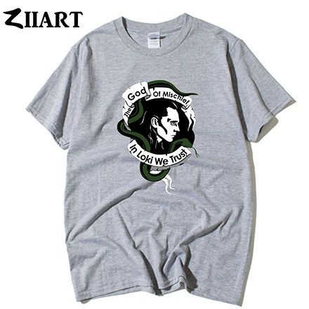 GRAY In loki we trust the god of mischief/винтажная одежда для пар с изображением головы Мужская хлопковая футболка с короткими рукавами и круглым вырезом для мальчиков - Цвет: GRAY