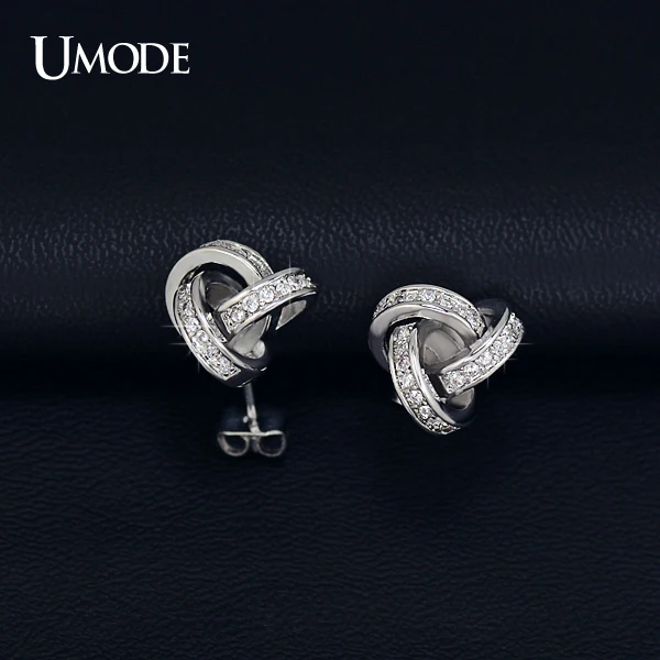 UMODE Серьги-гвоздики в форме банта для влюбленных с покрытием из белого золота и фианитом UE0141