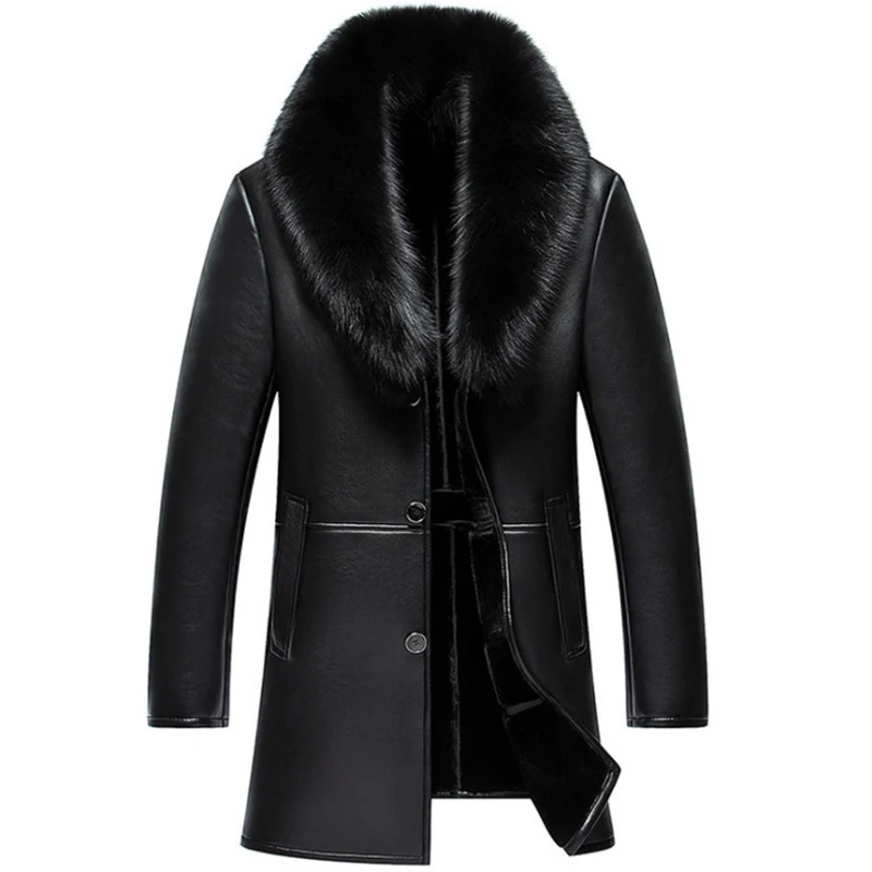 

Russian Winter Fox Fur Collar Leather Jacket Men New Business Casual Medium Long Windbreaker Coat Male Sheep Skin Jacket 5XL