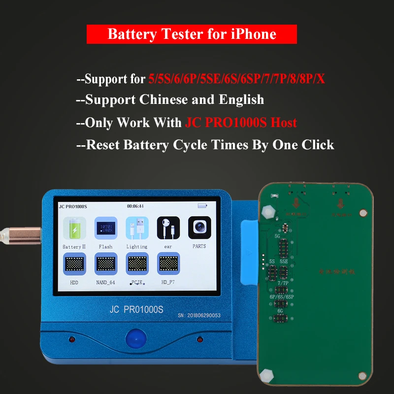 JC Pro1000S тестер аккумулятора телефона для iPhone X 8 8P 7 7P 6 6P 6S 6SP 5 5S Проверка батареи сброс времени цикла батареи