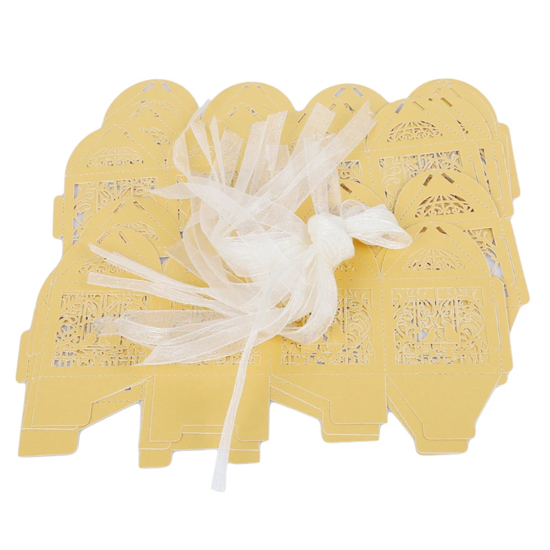 10pcs Romantic Wedding Decoration Favor Hollow Cut Mini Bird Cage DIY Candy Cookie Gift Boxes With White Ribbon - Цвет: Golden