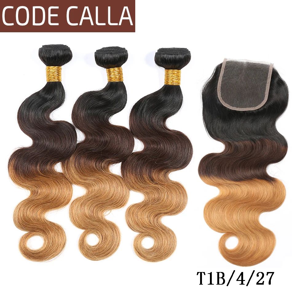 Код Calla Ombre цвет тела волна Связки с 4*4 Кружева Закрытие Необработанные бразильские необработанные девственные человеческие волосы Weft расширение