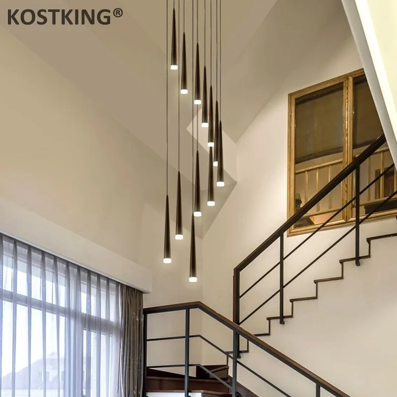 値段 現代led階段シャンデリア黒アルミ円錐ロング階段シャンデリアテーブルランプ中断ライトスパイラルグロス