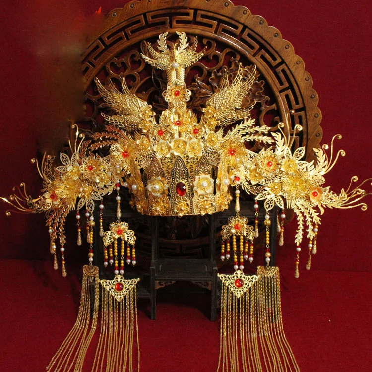 Красная Золотая тиара Феникс Принцесса волосы императрицы традиционная