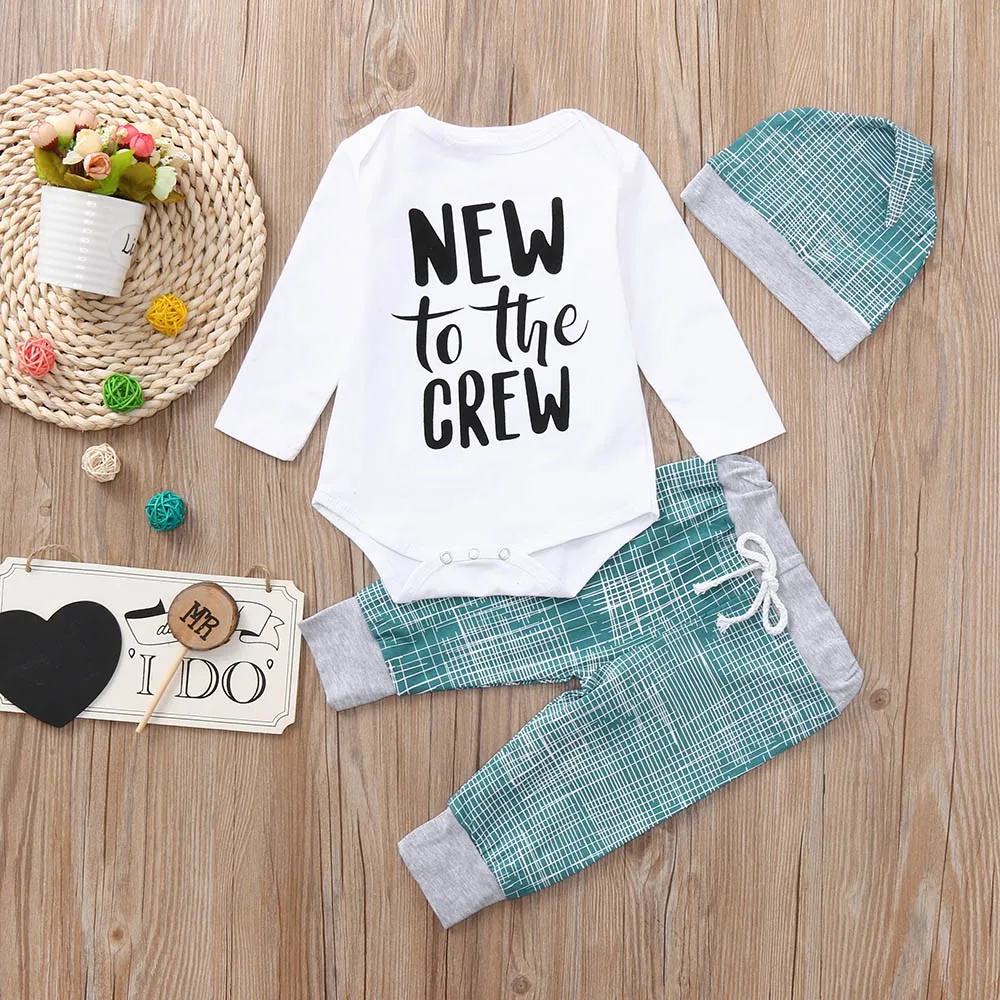 Fashion Newborn Cotton Baby Boys Girls Striped Letter Print Tops+Pants+Hat Casual Set O-Neck Clothes High Quality Drop Shippng | Детская