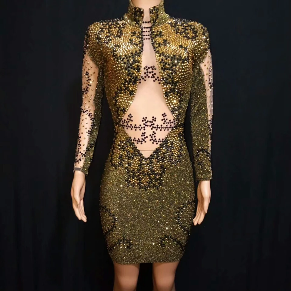 Женский комбинезон стрейч с золотыми стразами черное боди для вечеринки