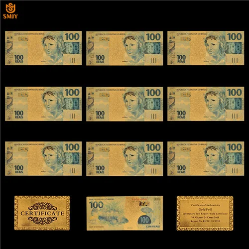 100 Reals 10 шт в партии цветные золотые Brazil Бразилия$20 Reais золотые банкноты из фольги сувенир сбор бумажных денег и подарков - Цвет: 100 Reals