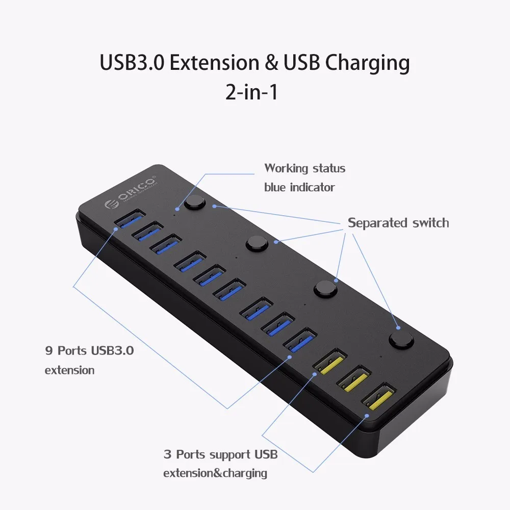 ORICO 12 портов USB 3,0 концентратор с 12 В 5A адаптер питания мульти usb hub-разветвитель с 3 портами BC1.2 USB зарядка для ноутбука ПК телефон
