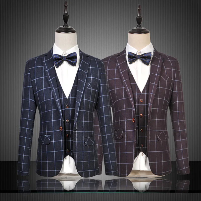 

2019 Latest Coat Pant Designs Plaid Men Suit Prom Tuxedo Slim Fit 3 Piece Groom Style Mens Suits Custom Jop Blazer Terno Set 519