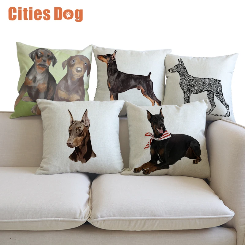 Декоративные подушки для животных, собак, cojines, льняные подушки Doberman Pinscher 45 см, диванные подушки для автомобиля