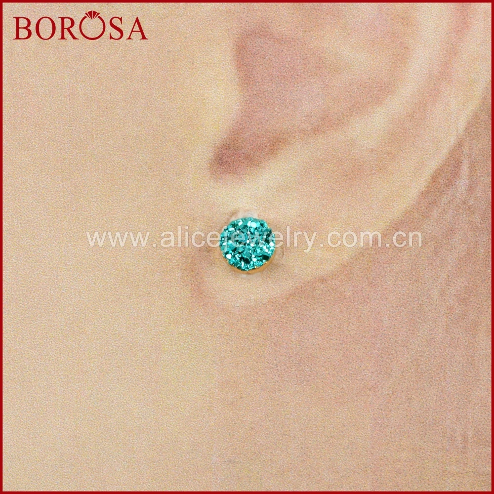 BOROSA Design 6mm Round Gold Color Titanium Mixed Electroplated Druzy Stud Earrings Fashion Drusy Jewelry G1619 | Украшения и