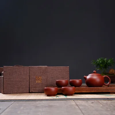 Набор чайников из фиолетовой глины Yixing,, чайный сервиз Dahongpao Xishihu, 6 предметов, деревянный поднос, Заказная чайная церемония кунг-фу - Цвет: whole tea set