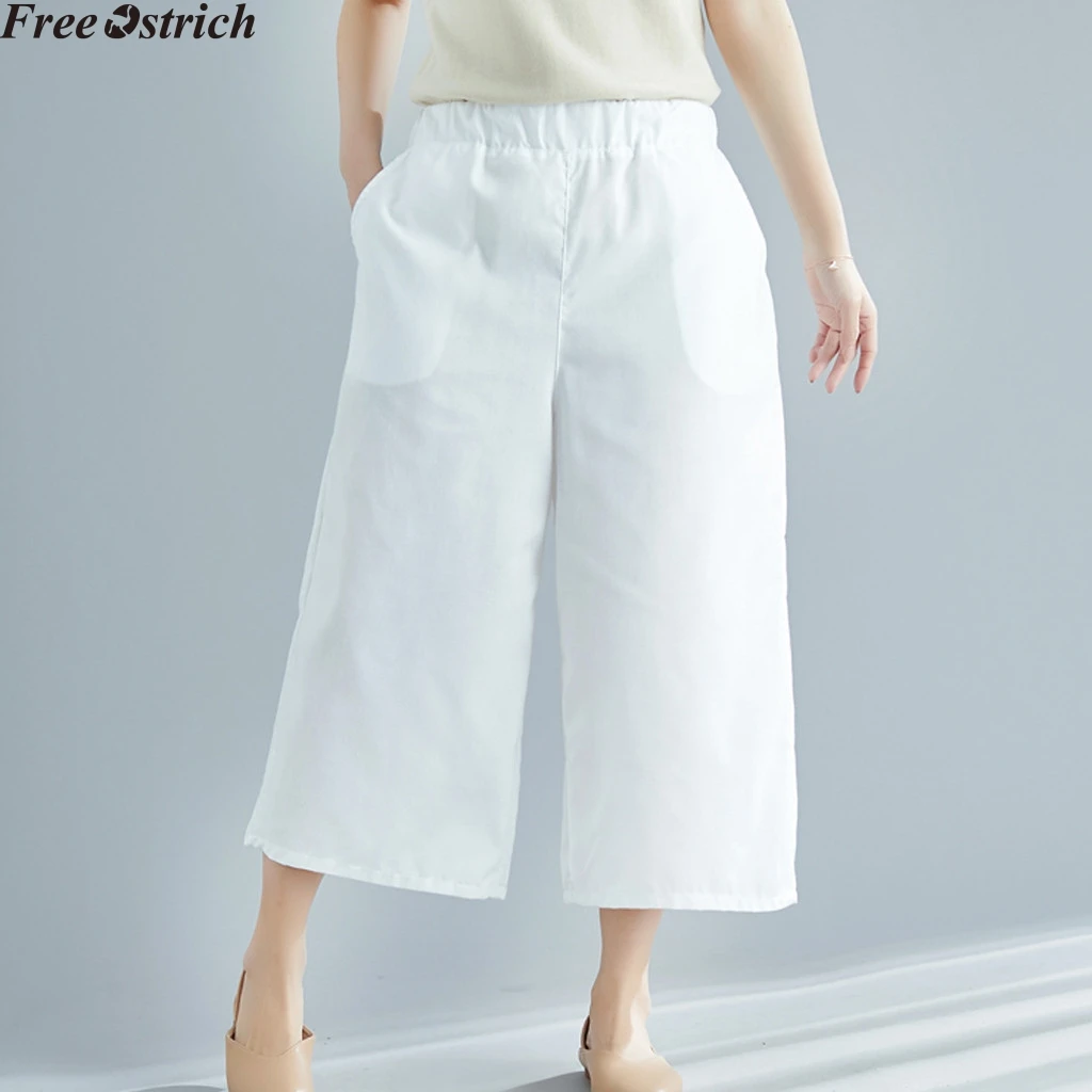 Women cotton linen loose casual trousers plus size summer solid color wide leg pants ladies black high waist elastic | Женская одежда