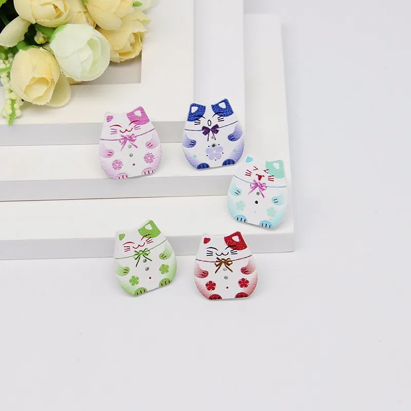 50 шт Многоцветный Кошка Botones Knopf 2 отверстия DIY деревянные пуговицы для шитья Скрапбукинг Аксессуары 23x25 мм