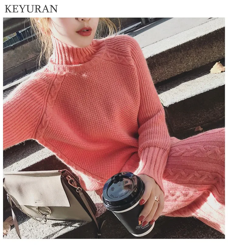 Вязаный женский комплект 2 шт. с длинными рукавами водолазка свитер +