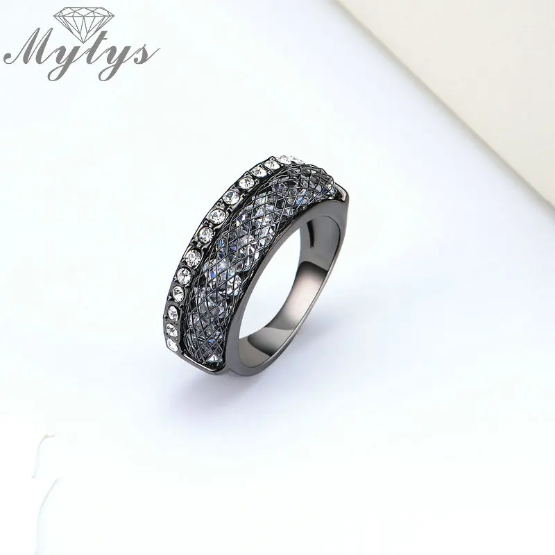Женское кольцо Mytys черное Сетчатое с кристаллами модный дизайн R1872|crystal rings for