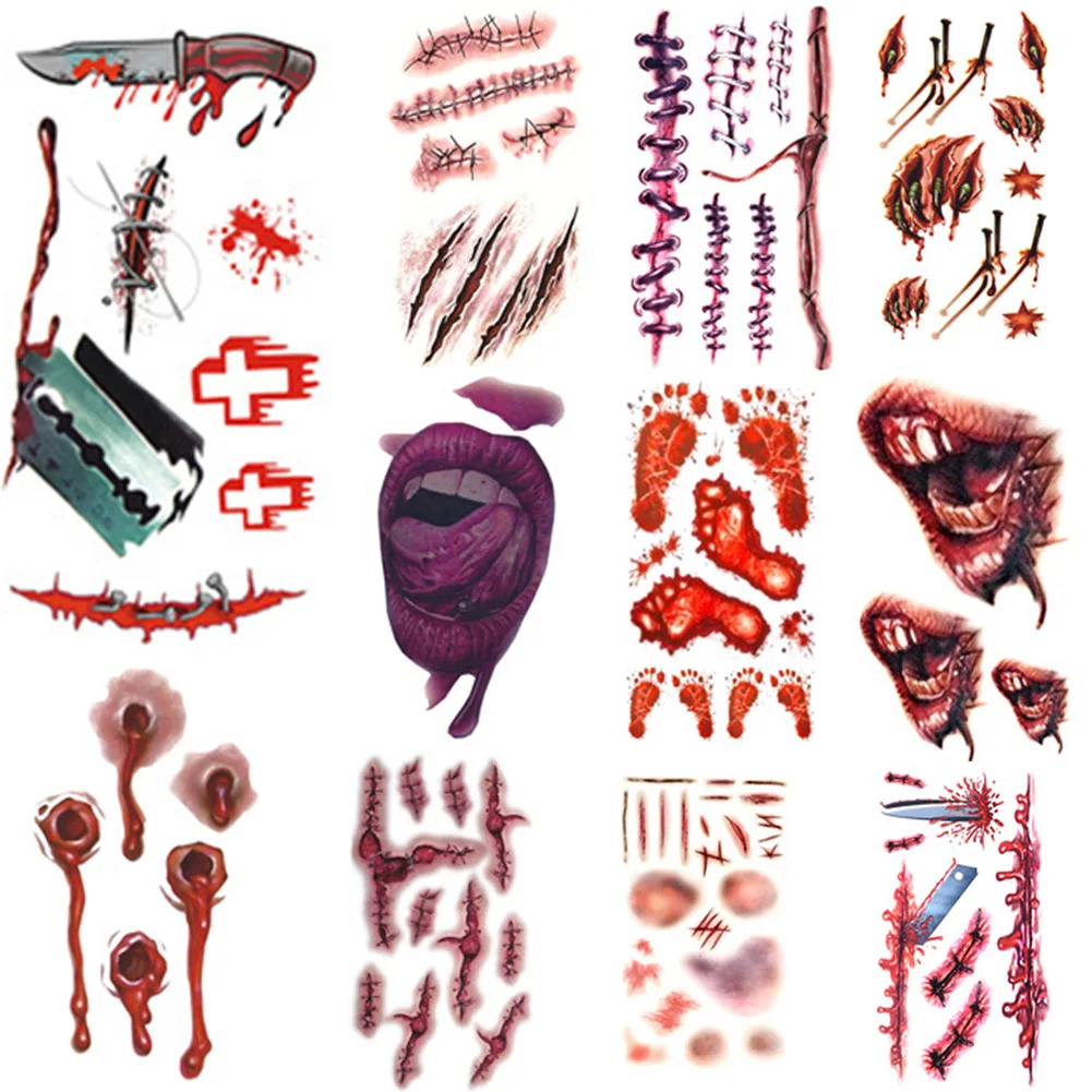 20pcs/set Halloween Terror Sticker Waterproof Temporary Tattoo Wound Blood Zombie Scar Realistic Fake | Красота и здоровье