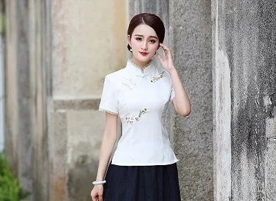 white Blouse SHENG COCO Женская традиционная китайская Блузка Топы Ципао летняя блузка с коротким рукавом вышивка Cheongsam блузка Китайская одежда - Цвет: white Blouse