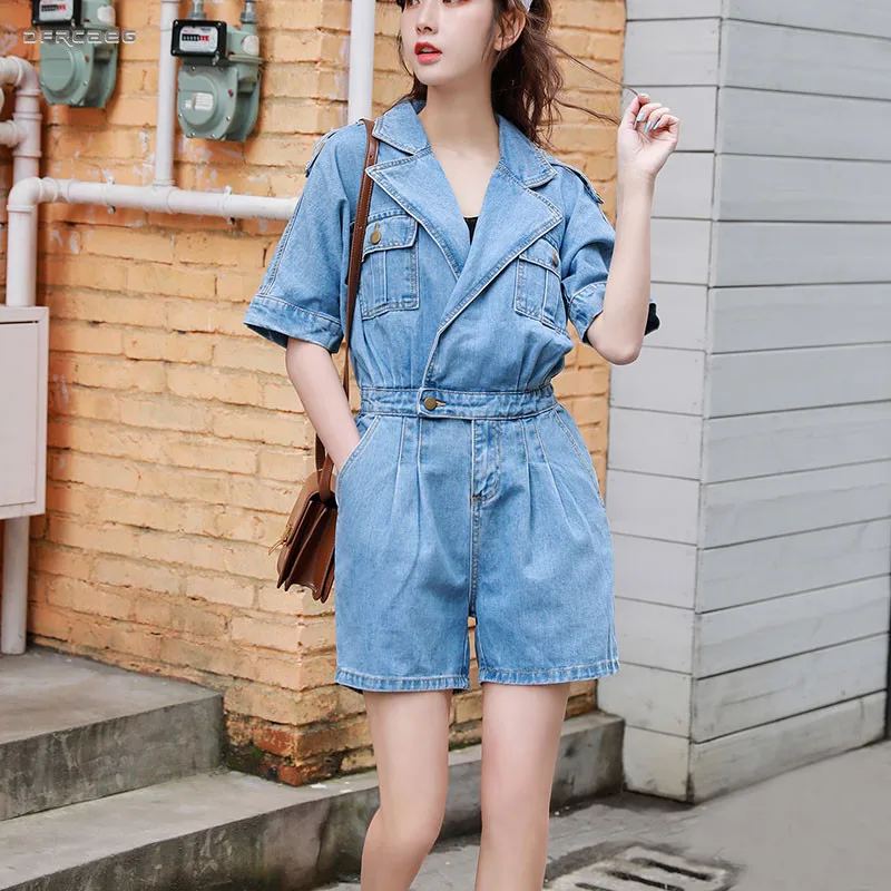 Женский джинсовый комбинезон с высокой талией винтажный короткий из денима