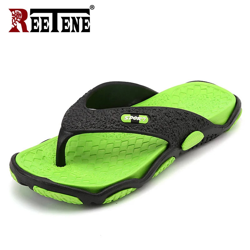 Green REETENE/Высококачественная Мужская обувь, мужские шлепанцы размера плюс 39-45, модные летние мужские вьетнамки, уличная Мягкая Повседневная обувь для мужчин - Цвет: Green
