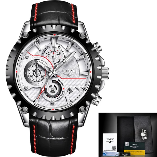 leather silver white Relogio Masculino LIGE мужские s часы лучший бренд класса люкс кварцевые золотые часы мужские повседневные кожаные военные водонепроницаемые спортивные наручные часы - Цвет: leather silver white