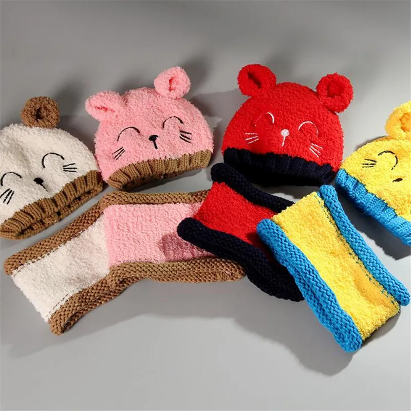 XUYIJUN 2018 year brand 2 pieces / set of girls shoes boy hat scarf kit cute cat children's children skullies beanies Balaclava |