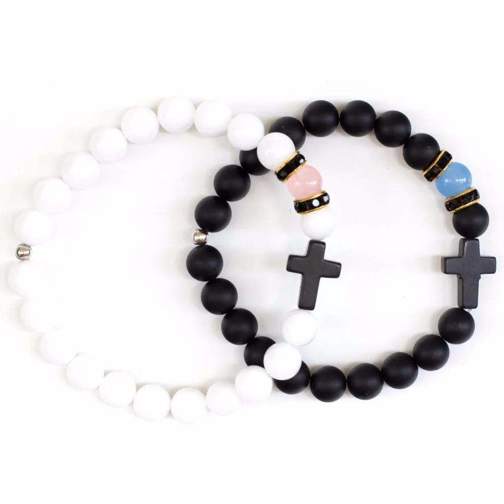 

Drop Shipping 2pcs/set Lovers Distance Bracelet Natural Stone Cross Charm Bracelets & Bangles For Couples Jewelry Gifts Pulsera