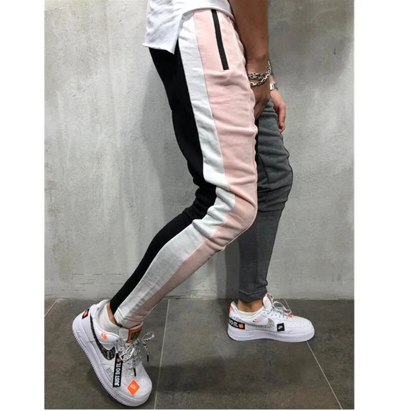 Мужские Slim Fit Пот Штаны Drawstring полосатый спортивный Штаны Цвет Блок Лоскутная Бег Брюки спортивные хип-хоп брюки повседневные штаны
